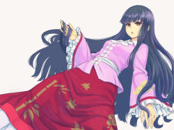 Rule 34 | 1girl, bamboo print, black hair, bow, brown eyes, dutch angle, frilled sleeves, frills, grey background, hands in hair, hime cut, houraisan kaguya, kakone, long hair, long sleeves, looking at viewer, multiple bows, open mouth, pink shirt, red skirt, shirt, simple background, skirt, solo, standing, touhou, white bow, white neckwear, wide sleeves