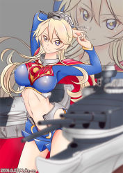Rule 34 | 1girl, breasts, cape, cosplay, dated, dc comics, iowa (kancolle), kantai collection, looking at viewer, midriff, moke ro, navel, skirt, star-shaped pupils, star (symbol), supergirl, supergirl (cosplay), symbol-shaped pupils, zoom layer
