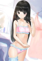 Rule 34 | 1girl, bad id, bad pixiv id, bare arms, bare shoulders, black eyes, black hair, blush, bow, bow panties, bra, breasts, bridal garter, closed mouth, clothes hanger, collarbone, commentary request, dress, dutch angle, frilled bra, frilled panties, frills, hand up, indoors, long hair, looking at viewer, mirror, navel, original, panties, pink bra, pink dress, pink panties, shii (kairi-t-k0317), sleeveless, sleeveless dress, small breasts, solo, standing, table, underwear, underwear only, unworn dress, vanity table, very long hair