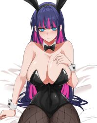 Rule 34 | 1girl, absurdres, blue eyes, blush, bow, bowtie, breasts, cleavage, fishnets, highres, huge breasts, leotard, looking at viewer, meowdeer, multicolored hair, panty &amp; stocking with garterbelt, pink hair, purple hair, rabbit tail, stocking (psg), thick thighs, thighs, wide hips