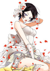 Rule 34 | 1girl, absurdres, baburo, bare shoulders, between legs, black hair, bloomers, breasts, dress, embarrassed, eyelashes, flower, frills, from below, from side, gloves, hair flower, hair ornament, hand between legs, highres, kitora ai, leg strap, looking at viewer, looking down, open mouth, petals, prosthesis, prosthetic leg, purple eyes, rose, short hair, simple background, sitting, solo, strapless, strapless dress, underwear, veil, wariza, wedding dress, white background, white dress, white flower, white gloves, white rose, world trigger