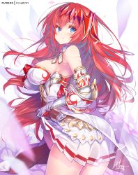 Rule 34 | 1girl, ass, bare shoulders, blush, breasts, closed mouth, dress, gauntlets, gloves, godsworn alexiel, granblue fantasy, hair between eyes, hair ornament, hong (white spider), long hair, looking at viewer, red hair, skirt, smile, thighs, very long hair, white dress, white skirt