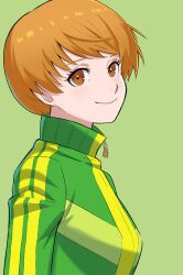 Rule 34 | 1girl, blush, brown eyes, brown hair, closed mouth, commentary, eyelashes, from side, green background, green jacket, highres, jacket, kumaking, long sleeves, looking at viewer, multicolored clothes, multicolored jacket, persona, persona 4, satonaka chie, shadow, short hair, simple background, smile, solo, swept bangs, two-tone jacket, upper body, yellow jacket