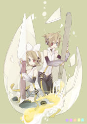 Rule 34 | 1boy, 1girl, absurdres, arm warmers, bad id, bad pixiv id, blonde hair, blue eyes, brother and sister, detached sleeves, fork, hair ornament, hair ribbon, hairclip, headphones, heterochromia, highres, kagamine len, kagamine len (append), kagamine rin, kagamine rin (append), knife, red eyes, ribbon, short hair, siblings, twins, vocaloid, vocaloid append, yoshiki