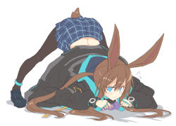 Rule 34 | 1girl, amiya (arknights), animal ears, arknights, ass, back, blue eyes, blush, brown hair, commentary request, flying sweatdrops, hair between eyes, jack-o&#039; challenge, jacket, jewelry, long hair, long sleeves, looking at viewer, multiple rings, pantyhose, pleated skirt, rabbit ears, rabbit girl, rabbit tail, ring, satou kibi, shadow, shoes, sidelocks, skirt, solo, standing, tail, white background