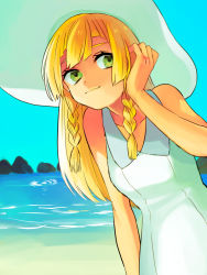 Rule 34 | 1girl, bare arms, beach, blonde hair, braid, breasts, closed mouth, collarbone, collared dress, creatures (company), day, dress, game freak, green eyes, hat, lillie (pokemon), long hair, looking away, looking to the side, nintendo, ocean, outdoors, pokemon, pokemon sm, rock, sleeveless, sleeveless dress, small breasts, smile, solo, sun hat, sundress, tairiku, twin braids, water, white dress, white hat