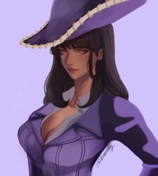 Rule 34 | 1girl, basic0lly, black hair, blunt bangs, commentary, cowboy hat, hair behind ear, hand on own hip, hat, highres, jacket, light smile, long hair, looking at viewer, nico robin, one piece, purple background, purple hat, purple jacket, red lips, sidelocks, simple background, solo, twitter username, upper body
