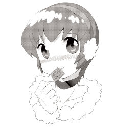 Rule 34 | 10s, 1girl, blush, condom, condom in mouth, danball senki, ekakibito, kawamura ami, looking at viewer, monochrome, mouth hold, short hair, simple background, smile, solo, white background