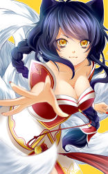 Rule 34 | 1girl, :3, ahri (league of legends), animal ears, blue hair, braid, breasts, eyes visible through hair, facial mark, fox ears, fox tail, highres, korean clothes, league of legends, long hair, looking at viewer, motokosu, multiple tails, nail polish, off shoulder, outstretched arm, reaching, reaching towards viewer, single braid, slit pupils, solo, tail, whisker markings, yellow background, yellow eyes