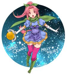 Rule 34 | 1girl, blue dress, bow, cape, dated, dress, full body, gloves, hair bow, high ponytail, highres, holding, holding staff, holding weapon, long hair, looking at viewer, mayashtale, millie chliette, open mouth, pink eyes, pink hair, pink thighhighs, pointy ears, ponytail, skirt, solo, staff, star (sky), star ocean, star ocean first departure, tail, thighhighs, weapon, white background, white gloves