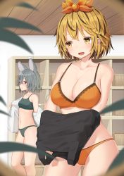Rule 34 | 2girls, :d, absurdres, animal ears, bare shoulders, bikini, blonde hair, blurry, blurry foreground, breasts, cleavage, collarbone, commentary request, contrapposto, cowboy shot, feet out of frame, grey hair, hair between eyes, hair ornament, highres, indoors, jacket, large breasts, looking at another, mamemochi, mouse ears, multicolored hair, multiple girls, nazrin, open mouth, orange bikini, red eyes, removing jacket, shelf, short hair, smile, standing, streaked hair, swimsuit, tank top, toramaru shou, touhou, white jacket, wicker basket, yellow eyes