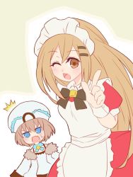 Rule 34 | annoyed, apron, bare shoulders, blanc, blanc (neptunia), blue eyes, breasts, brown hair, changyoushan, coat, cuffs, dress, financier, hairband, happy, hat, long hair, maid, neptune (series), one eye closed, open mouth, red eyes, ribbon, short hair, skirt, small breasts, uniform, wink, yamayama