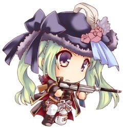 Rule 34 | 1girl, black coat, boots, breasts, buttons, chibi, closed mouth, coat, commentary request, flower, frown, full body, fur-trimmed headwear, fur trim, green hair, gun, hat, hat feather, hat flower, holding, holding gun, holding weapon, long hair, looking afar, lowres, momozakura nanao, pants, pink flower, purple eyes, purple hat, ragnarok online, rebellion (ragnarok online), rifle, simple background, small breasts, solo, transparent background, twintails, v-shaped eyebrows, weapon, white pants