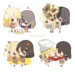 Rule 34 | 2girls, :d, bang dream!, big head, black footwear, black hair, blonde hair, blue eyes, blush stickers, brown dress, brown skirt, character name, chibi, closed eyes, closed mouth, commentary request, dress, english text, flower, fringe trim, grey legwear, group name, hair between eyes, hair ornament, hairclip, hello happy world!, holding, holding flower, holding hands, leaning forward, long hair, long sleeves, multiple girls, okusawa misaki, open mouth, pleated dress, pleated skirt, red flower, red scarf, sailor collar, sailor dress, scarf, school uniform, serafuku, shared clothes, shared scarf, shirt, shoes, short sleeves, skirt, smile, socks, sparkle, squatting, sweat, tsurumaki kokoro, very long hair, watering can, white background, white sailor collar, white shirt, yellow eyes, yoteng