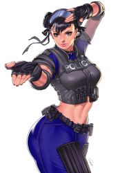 Rule 34 | 1girl, alternate costume, arms up, belt, black gloves, black hair, blue pants, breasts, brown eyes, capcom, chun-li, commentary, cropped vest, double bun, english commentary, fighting stance, fingerless gloves, gloves, goggles, goggles on head, hair bun, highres, load bearing vest, medium breasts, pants, police, police uniform, policewoman, short hair, solo, street fighter, superbull, thick thighs, thighs, throat microphone, uniform, vest