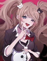Rule 34 | 1girl, :d, bear hair ornament, black background, black bra, black choker, black shirt, bow, bra, breasts, choker, cleavage, danganronpa: trigger happy havoc, danganronpa (series), enoshima junko, hair ornament, highres, large breasts, monokuma, necktie, open mouth, pote (pote 39), red background, red bow, red nails, shirt, signature, smile, solo, teeth, tongue, twintails, underwear, upper body, upper teeth only