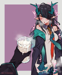 Rule 34 | 1girl, 1other, arknights, bare shoulders, black coat, black gloves, black hair, bulge, coat, cum, cum in container, cum in cup, cum on hands, cup, dragon horns, dress, drinking glass, dusk (arknights), futanari, gloves, green hair, grey background, hair over one eye, highres, holding, holding cup, horns, long hair, long sleeves, looking at viewer, mirin chikuwa, multicolored hair, necktie, open mouth, pointy ears, pov, pov hands, purple background, red necktie, rolling eyes, streaked hair, tearing up, trembling, two-tone background, white dress