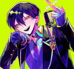 Rule 34 | 1boy, bandaged hand, bandages, black coat, black hair, buttons, censored, coat, collared shirt, green background, green eyes, hair between eyes, himanemuitoma, kenmochi touya, long sleeves, looking at viewer, middle finger, narrowed eyes, necktie, nijisanji, open mouth, pointless censoring, shirt, short hair, sleeves past wrists, smile, solo, sweater, teeth, upper teeth only