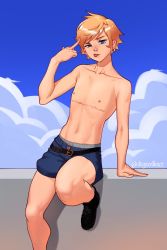 Rule 34 | 1boy, blonde hair, blue eyes, degs, highres, looking at viewer, male focus, navel, original, scar, scar on chest, shorts, solo