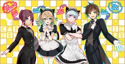 Rule 34 | 2boys, 2girls, :d, alisha diphda, animal ears, apron, black jacket, black pants, black shirt, black skirt, blonde hair, blue eyes, brown hair, cat ears, character name, checkered background, closed mouth, collared shirt, crossdressing, crossed arms, earrings, fake animal ears, gloves, green eyes, holding, holding plate, jacket, jewelry, long hair, looking at viewer, maid headdress, mikleo (tales), miniskirt, monicanc, multiple boys, multiple girls, open clothes, open jacket, open mouth, outstretched hand, pants, parted bangs, plate, purple eyes, red hair, rose (tales), shirt, short hair, short ponytail, short sleeves, sidelocks, silver hair, skirt, smile, sorey (tales), tales of (series), tales of zestiria, thigh gap, waist apron, white apron, white gloves, white neckwear, wing collar, wrist cuffs