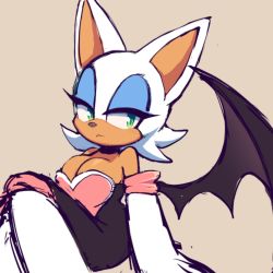 Rule 34 | 1girl, :&lt;, animal ears, bat ears, bat tail, bat wings, blue eyeshadow, boots, breasts, cleavage, closed mouth, commentary, elbow gloves, english commentary, expressionless, eyeshadow, furry, furry female, gloves, green eyes, makeup, motobug, rouge the bat, sideways glance, sitting, solo, sonic (series), white fur, wings