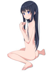 Rule 34 | 1girl, ass, barefoot, black hair, blue eyes, breasts, chestnut mouth, dimples of venus, full body, highres, kimagure blue, long hair, nipples, nude, original, revision, simple background, sitting, small breasts, solo, white background