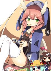 Rule 34 | 1girl, azur lane, blue hoodie, chips (food), collarbone, commentary request, controller, dragon horns, food, food in mouth, game controller, green eyes, hair ribbon, hat, highres, holding, holding controller, hood, hood up, hoodie, horns, long hair, long sleeves, looking at viewer, loungewear, mikazuki (azur lane), mogami (azur lane), mouth hold, open clothes, open hoodie, pink hair, playstation controller, potato chips, ribbon, ryuujou (azur lane), ryuujou (slacking samurai) (azur lane), school hat, solo, thighhighs, tonari (ichinichime azuma), tress ribbon, white thighhighs