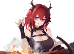 Rule 34 | 1girl, absurdres, arknights, armband, bare shoulders, black dress, breasts, chinese commentary, cleavage, commentary request, detached collar, dress, fire, fire, hair between eyes, hair intakes, hand up, highres, horns, infection monitor (arknights), large breasts, looking at viewer, medium hair, meme, mixed-language commentary, parted lips, purple eyes, red hair, salt bae (meme), simple background, sleeveless, sleeveless dress, smoke, solo, surtr (arknights), upper body, white background, xiaobei