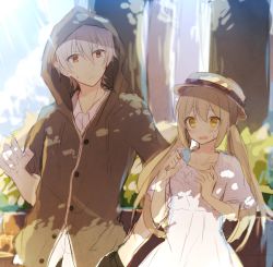 Rule 34 | 1boy, 1girl, blonde hair, blush, buttons, closed mouth, cloud, collarbone, collared shirt, cowboy shot, day, dress, eyebrows, food, hair between eyes, hand in pocket, hat, hiiragi souren, holding, holding food, hood, hoodie, ice cream, long hair, looking at another, open mouth, original, outdoors, shirt, short sleeves, standing, sweatdrop, twintails, white hair, white shirt, yellow eyes