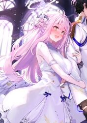 Rule 34 | 1boy, 1girl, arm hug, blue archive, blurry, blurry background, blush, breasts, dress, feathered wings, hair bun, halo, hetero, highres, large breasts, looking ahead, mika (blue archive), nervous smile, ninoude (ninoude44), nose blush, pink hair, problem solver sensei (blue archive), scrunchie, sensei (blue archive), single side bun, sleeveless, sleeveless dress, smile, solo focus, sweatdrop, white dress, white wings, wings, wrist scrunchie