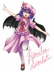 Rule 34 | 1girl, bat wings, blue hair, brooch, dress, fang, female focus, hat, hat ribbon, jewelry, looking at viewer, neckerchief, open mouth, outstretched arms, pantyhose, pink dress, pink eyes, puffy sleeves, remilia scarlet, ribbon, short sleeves, simple background, smile, solo, standing, standing on one leg, touhou, umarutsufuri, white background, white pantyhose, wings