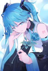 Rule 34 | 1girl, anniversary, balloon, bare shoulders, black sleeves, blue eyes, blue flower, blue hair, blue nails, blue necktie, blue rose, detached sleeves, fast forward button, flower, grey shirt, hair ornament, half-closed eyes, hand on own cheek, hand on own face, hatsune miku, head rest, highres, holding, holding flower, leaning forward, long hair, nail polish, necktie, parted lips, play button, rewind button, rose, shirt, shoulder tattoo, shuffle button, sideways glance, signature, sleeveless, sleeveless shirt, solo, sparkle, tattoo, twintails, upper body, very long hair, vocaloid, wanaxtuco, wide sleeves
