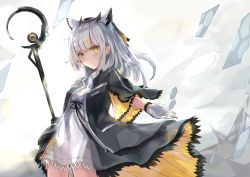 Rule 34 | 1girl, arknights, black coat, coat, commentary, cowboy shot, crystal, dress, feather hair, floating clothes, gloves, highres, holding, holding staff, koomoi, looking at viewer, open clothes, open coat, outstretched arm, owl ears, ptilopsis (arknights), solo, staff, standing, white dress, white gloves, white hair, yellow eyes