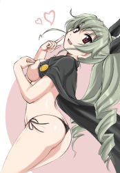 Rule 34 | 1girl, :d, anchovy (girls und panzer), arched back, areola slip, ass, black panties, black ribbon, border, breasts, cape, covering nipples, covering privates, cowboy shot, drill hair, eyebrows, finger to cheek, flat ass, from side, girls und panzer, green hair, hair between eyes, hair ribbon, hand on breast, heart, highres, large breasts, long hair, looking at viewer, open mouth, panties, red background, red eyes, ribbon, side-tie panties, smile, solo, topless, twin drills, twintails, two-tone background, underwear, wan&#039;yan aguda, white background, white border