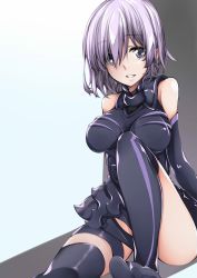 Rule 34 | 1girl, asymmetrical legwear, baron suzuki, breasts, detached sleeves, fate/grand order, fate (series), hair between eyes, highres, impossible clothes, impossible shirt, large breasts, looking at viewer, mash kyrielight, over-kneehighs, purple eyes, purple hair, shirt, short hair, sitting, sleeveless, solo, thigh strap, thighhighs, uneven legwear