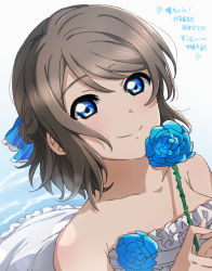 Rule 34 | 1girl, absurdres, aqua eyes, aqua ribbon, artist name, artist request, bare shoulders, blue eyes, blue flower, blush, breasts, brown hair, cleavage, collarbone, commentary request, dress, female focus, flower, flower dress, grey hair, hair between eyes, hair ribbon, highres, holding, holding flower, light brown hair, looking at viewer, love live!, love live! sunshine!!, ribbon, short hair, skirt, small breasts, solo, translated, translation request, upper body, watanabe you, wedding dress, white dress, white skirt
