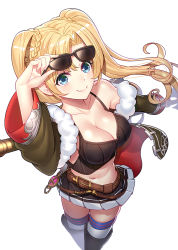 Rule 34 | 10s, 1girl, bare shoulders, black skirt, blonde hair, boots, breasts, cleavage, cowboy shot, crop top, cropped jacket, eyewear on head, from above, granblue fantasy, green eyes, holding, holding weapon, knee boots, large breasts, looking at viewer, midriff, parted bangs, pleated skirt, polearm, ririko (zhuoyandesailaer), skirt, smile, solo, spear, sunglasses, sunglasses on head, thighhighs, twintails, wavy hair, weapon, zeta (dark) (granblue fantasy), zeta (granblue fantasy)