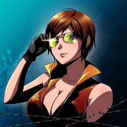 Rule 34 | 1girl, barbed wire, bare shoulders, black gloves, breasts, brown eyes, brown hair, caffein, cleavage, earrings, gloves, jewelry, large breasts, lens flare, looking at viewer, meiko (vocaloid), popped collar, short hair, solo, upper body, vocaloid