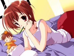 Rule 34 | 00s, 1girl, bed, book, brown hair, head rest, holding, holding book, lying, mouth hold, on stomach, pencil, red eyes, rinrin (sister princess), sister princess, solo, wooden pencil