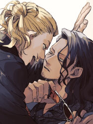 Rule 34 | 2boys, bags under eyes, black hair, black jacket, black shirt, blonde hair, boku no hero academia, eraser head (boku no hero academia), facial hair, highres, holding, holding removed eyewear, invisible wall, jacket, looking at another, male focus, medium hair, messy hair, multiple boys, mustache, orange-tinted eyewear, parted lips, present mic, rnuyvm, scar, scar on face, shirt, sideburns, sparse stubble, tinted eyewear, tongue, tongue out, unworn eyewear, white background, yaoi