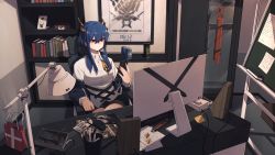 Rule 34 | 1girl, absurdres, arknights, bag, black shorts, blue hair, blue jacket, board eraser, book, boxcutter, brand name imitation, cellphone, ch&#039;en (arknights), chalkboard, chi xiao (arknights), cowboy shot, cup, desk, desk lamp, dragon horns, great lungmen logo, highres, holding, holding phone, horns, id card, if f, jacket, kjerag logo, lamp, long hair, looking at phone, monitor, monster energy, mouse (computer), bento, off shoulder, phone, red eyes, shirt, shorts, smartphone, solo, speaker, sticky note, sword, twintails, watch, weapon, weapon case, white shirt, wristwatch