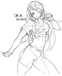 Rule 34 | 10s, 1girl, bandaid, blush, bowalia, breasts, character request, cleavage, fingerless gloves, gloves, greyscale, kantai collection, long hair, midriff, monochrome, navel, one eye closed, shirt, shorts, solo, t-shirt, tied shirt, toned, translation request, wink