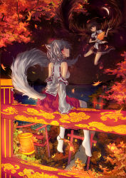 Rule 34 | 2girls, absurdres, animal ears, arms at sides, autumn leaves, bare shoulders, black skirt, black socks, black wings, blouse, blush, brown hair, crescent moon, detached sleeves, feathered wings, flying, from behind, grey hair, hand fan, hat, highres, holding, holding fan, horizon, hourai no hangentsuki, inubashiri momiji, kneehighs, lamp, leaf, leaf fan, looking at viewer, looking back, mary janes, moon, multiple girls, multiple torii, night, night sky, no shoes, ocean, outdoors, over-kneehighs, path, red eyes, red footwear, red skirt, ribbon-trimmed sleeves, ribbon trim, road, shameimaru aya, shirt, shoes, short sleeves, sitting, sitting backwards, skirt, sky, sleeveless, smile, socks, tail, thighhighs, tokin hat, torii, touhou, tree, white legwear, white shirt, wings, wolf ears, wolf tail, zettai ryouiki