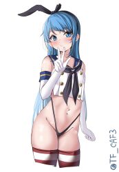 Rule 34 | 1girl, alternate costume, black hairband, black neckerchief, black panties, blue eyes, blue hair, blue sailor collar, blush, cosplay, crop top, elbow gloves, gloves, hairband, highres, kantai collection, long hair, looking at viewer, navel, neckerchief, no pants, one-hour drawing challenge, panties, sailor collar, samidare (kancolle), school uniform, serafuku, shimakaze (kancolle), shimakaze (kancolle) (cosplay), smile, solo, striped clothes, striped thighhighs, tf cafe, thighhighs, thong, twitter username, underwear, very long hair, white background, white gloves