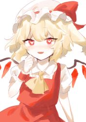 Rule 34 | 1girl, :d, ascot, blonde hair, blush, crystal, fang, flandre scarlet, hat, hat ribbon, heart, heart-shaped pupils, highres, looking at viewer, mob cap, nemachi, open mouth, puffy short sleeves, puffy sleeves, red eyes, red ribbon, red skirt, red vest, ribbon, shirt, short sleeves, skin fang, skirt, skirt set, smile, solo, symbol-shaped pupils, touhou, vest, white background, white hat, white shirt, wings