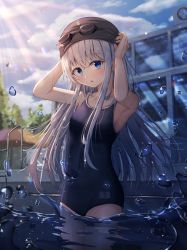 Rule 34 | 1girl, absurdres, anchor symbol, black one-piece swimsuit, blue eyes, blush, collarbone, cowboy shot, day, dfd, hair between eyes, hibiki (kancolle), highres, kantai collection, long hair, one-piece swimsuit, open mouth, partially submerged, pool, silver hair, solo, swim cap, swimsuit, water