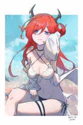 Rule 34 | 1girl, absurdres, arknights, bare shoulders, beach, bikini, blush, breasts, collarbone, commentary request, criss-cross halter, crossed legs, dated, detached sleeves, feet out of frame, hair between eyes, halterneck, highres, horns, large breasts, long hair, long sleeves, looking at viewer, navel, outdoors, purple eyes, red hair, side-tie bikini bottom, simuyutou, single hair ring, solo, surtr (arknights), swimsuit, thigh strap