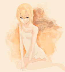 Rule 34 | 1girl, bad id, bad pixiv id, bare shoulders, barefoot, blonde hair, blue eyes, breasts, closed mouth, collarbone, dress, feet, groin, highres, kingdom hearts, kingdom hearts ii, long hair, looking to the side, medium breasts, namine, pasuta0830, simple background, solo, white dress