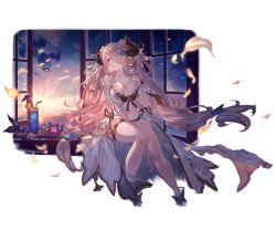Rule 34 | 1girl, bikini, blue eyes, breasts, cocktail, draph, earrings, flower, granblue fantasy, hair ornament, horns, jewelry, large breasts, legband, minaba hideo, narmaya (granblue fantasy), narmaya (summer) (granblue fantasy), official alternate costume, official art, open clothes, pointy ears, purple hair, sunset, swimsuit, transparent background, white bikini, wind