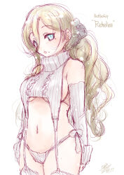 Rule 34 | 1girl, alternate costume, blonde hair, blue eyes, cable knit, cowboy shot, detached sleeves, garter straps, hair between eyes, kantai collection, koshigaya tatsumi, long hair, meme attire, mole, mole under eye, mole under mouth, one-hour drawing challenge, panties, ribbed panties, ribbed sleeves, ribbed sweater, ribbed thighhighs, richelieu (kancolle), side-tie panties, sleeveless, sleeveless sweater, sleeveless turtleneck, solo, sweater, thighhighs, turtleneck, turtleneck sweater, underwear, virgin destroyer sweater, wavy hair, white garter straps, white panties, white sweater